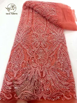 Новейшая Французская кружевная ткань из тюля с бисером 5 ярдов 2023 г. Высококачественное Нигерийское Женское платье с вышивкой пайетками Африканские кружевные ткани