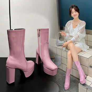 Новинка 2023 года; осенне-зимние женские ботильоны; большие размеры 22-26,5 см; современные ботинки из искусственной кожи на молнии сбоку; модные ботинки на платформе на толстом каблуке