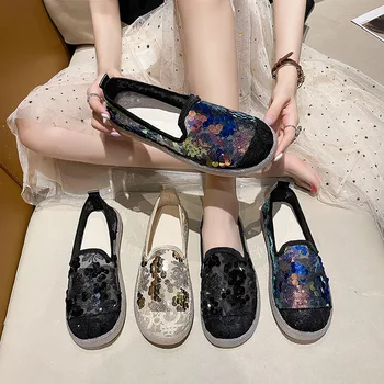 Новинка лета 2023, женская обувь на плоской подошве в корейском стиле, модная повседневная обувь из сетчатого материала с блестками, Zapatos De Mujer