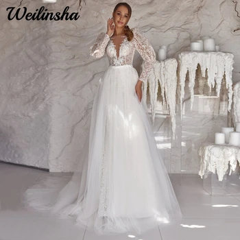 Новое поступление, кружевное свадебное платье для невест, трапециевидное свадебное платье с длинными рукавами и съемным шлейфом, тюлевое свадебное платье на пуговицах сзади, высокое качество