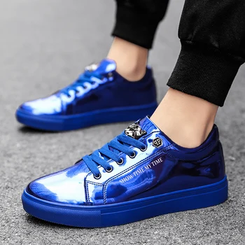 Новые брендовые синие мужские модные кроссовки, роскошная блестящая металлическая мужская обувь для скейтборда, дизайнерская блестящая мужская повседневная обувь на плоской подошве, большие размеры 47