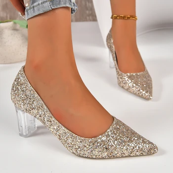 Новые золотые свадебные туфли для женщин, высокие каблуки, острый носок, Элегантная обувь для зрелых офисных леди, женские туфли-лодочки, Обувь Мэри Джейн большого размера