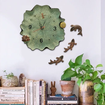 Новые креативные настенные часы в виде листьев Лотоса для прихожей, входа в гостиную, настенные часы из смолы, украшение стен в виде рыбы на фоне дивана