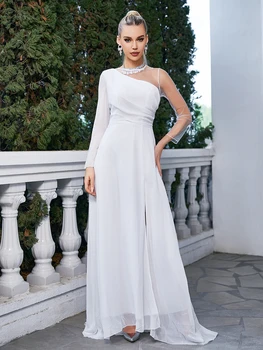 Новый стиль выпускных халатов с длинными рукавами, макси-вечернее платье для вечеринок, белый разрез сбоку, подходит для вечерних платьев Vestidos и коктейлей для официальных вечеринок