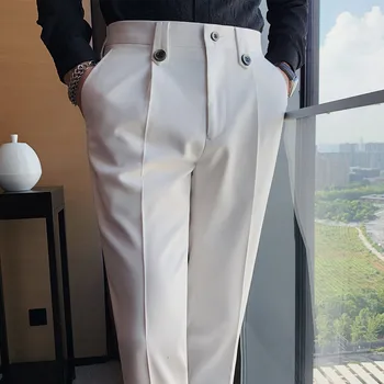 Новый стиль с мужскими брюками из негладкой ткани, узкими прямыми черно-белыми брюками для повседневного костюма, мужскими деловыми брюками для маленьких ножек