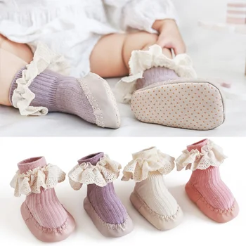 Носки с узлом бабочки для маленьких девочек С нескользящими резиновыми точками, мягкие хлопковые осенне-зимние детские носки для пола, первые ходунки для малышей