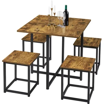 Обеденный набор из 5 предметов с промышленным квадратным столом и 4 стульями без спинок, обеденный набор в деревенском стиле коричневого цвета