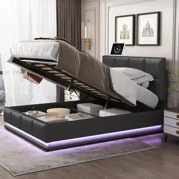 Обитая ворсом кровать-платформа с гидравлической системой хранения, кровать для хранения из полиуретана размера Queen-Size со светодиодной подсветкой и USB-зарядным устройством, черная