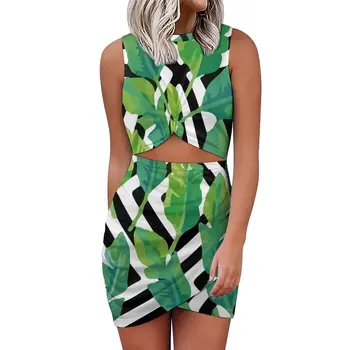 Облегающее платье с тропической пальмой, весенние платья для ночного клуба с принтом зеленых листьев, женское вечернее платье без рукавов с принтом Большого размера 3XL 4XL
