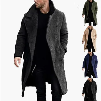 Однотонное шерстяное пальто до колена, приталенное мужское осенне-зимнее длинное пальто 2023 года, шерстяной тренч средней длины, мужские пальто