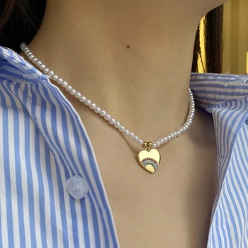 Ожерелье из искусственного жемчуга Love Heart с радужным цирконом для женщин, воротник, застежка из нержавеющей стали, золотой цвет, бесплатная доставка, Itms