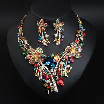 Ожерелье с цветочным узором из блестящих страз, висячие серьги, женское вечернее колье, модные ювелирные наборы
