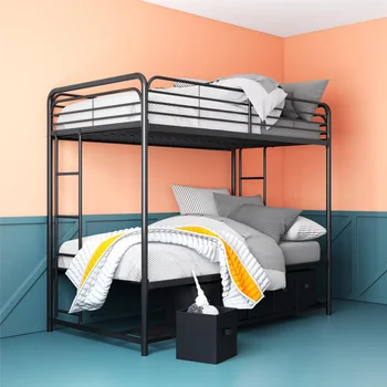 Опоры Металлическая двухъярусная кровать Twin поверх Twin с ящиками для хранения, черный каркас кровати мебель для спальни