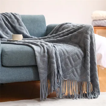 Осенне-зимнее Покрывало для дивана, Вязаное Офисное одеяло для сна, Жаккардовое Маленькое одеяло, американское одеяло с кисточками, Зеленое
