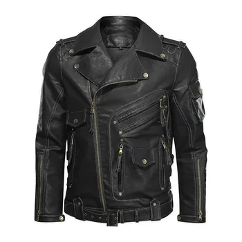 Осенне-зимнее высококачественное мужское пальто в стиле панк, мотоциклетная куртка из искусственной кожи с карманом на молнии, черное деловое кожаное пальто в стиле рок