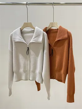 Осенне-зимний кашемировый кардиган на молнии, расшитый бисером, Свободный короткий свитер с длинным рукавом, куртка