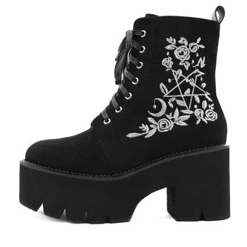Осенние женские ботильоны на платформе с вышивкой, модные ботинки на шнуровке в стиле панк-гот, черные ботинки на танкетке с круглым носком, брендовые ботинки