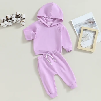 Осенняя одежда для малышей, мальчиков и девочек, 2 предмета, однотонная толстовка с длинным рукавом и брюки, комплект теплой одежды