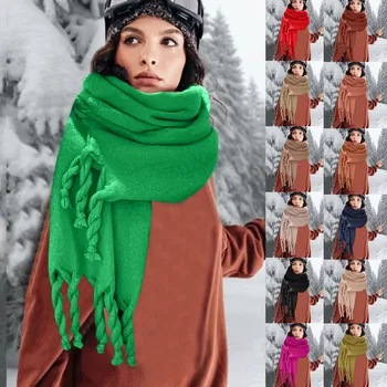 Осень-зима для женщин шарф женский классический кисточкой вязать держать теплый мягкий однотонный шарф шаль материал теплый зимний шарф