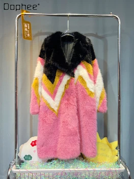 Пальто из Искусственного Меха 2023, Осенне-Зимняя Новая Мода, Цветной Контрастный Пояс, Защита окружающей среды, Меховое Пальто Средней Длины, Женское
