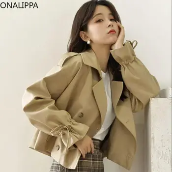 Пальто с зубчатым воротником Onalippa, на шнуровке, с длинными рукавами, однотонные укороченные пальто для Хай-стрит, шикарный однобортный тренч в корейском стиле