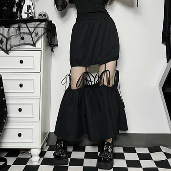 Панк-Гранж, открытые брюки, юбка, женская готическая Темная уличная одежда, Harajuku, прямые эстетичные Сексуальные юбки с высокой талией на шнуровке
