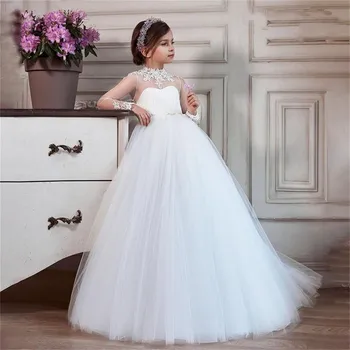 Платье для девочки в цветочек, Белые Иллюзионные рукава, аппликация из тюля, Пышное свадебное платье принцессы для Первого причастия, кружевное детское платье на День рождения