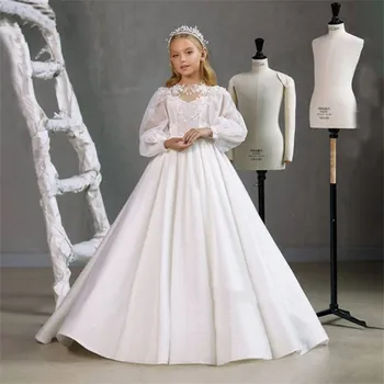 Платья для девочек-цветочниц, элегантные белые тюлевые пышные платья с длинными рукавами для свадьбы, кружевное праздничное платье принцессы для первого причастия