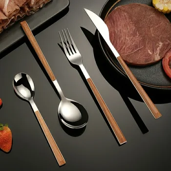 Посуда из нержавеющей стали, креативная имитация деревянной ручки, Нож, Вилка, ложка, Стейк в японском стиле, Серебряный набор модных столовых приборов