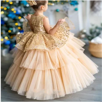 Прекрасное кружевное тюлевое платье с круглым воротником для девочек в цветочек, Золотая принцесса, детское платье для Первого причастия, Длинная юбка, Свадебное детское платье для девочек