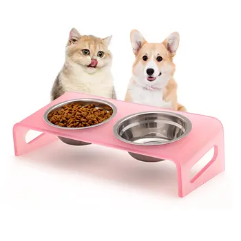 Приподнятые миски для кошек, ортопедические миски для щенков или маленьких собак с углом наклона 15 °, 2 набора мисок для кормления домашних животных из нержавеющей стали