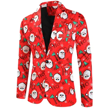 Приталенный костюм для вечеринок, модный пиджак-блейзер, костюм с Рождественским принтом, мужское пальто, повседневный костюм на пуговицах