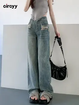 Рваные джинсы для женщин, джинсы с высокой талией, Винтажная синяя уличная одежда, Свободные Широкие брюки Y2K 2023, Весенняя Корейская мода