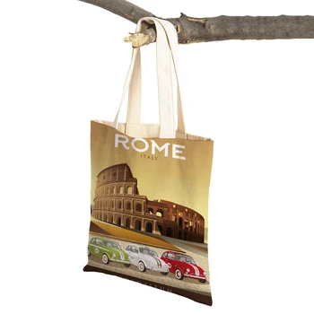 Рим, Италия, Лондон, Германия, Сумка для покупок через плечо, женские сумки для покупок, женские холщовые сумки с двойным принтом, сумка-тоут