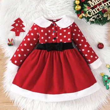 Рождественское платье для маленьких девочек с плюшевым кукольным воротником, платье принцессы трапециевидной формы с длинными рукавами в стиле пэчворк, осенне-зимнее милое платье