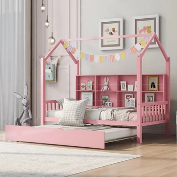 Розовая деревянная двуспальная кровать для дома с выдвижным ящиком, детская кровать с полкой, для мебели для спальни в помещении