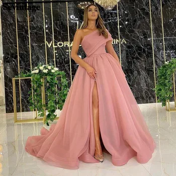 Розовые платья для выпускного вечера с одним плечом, вечернее платье трапециевидной формы с высоким разрезом, вечерние платья для особых случаев для женщин большого размера
