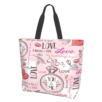 Розовый фон с изображением сердца Валентинки, цветка, сумки Love Is Love для женщин, многоразовые продуктовые сумки, большие хозяйственные сумки
