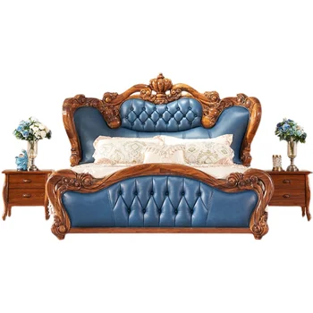 * Роскошная кожаная кровать из массива дерева Ugyen Wood С резьбой В европейском стиле, Большая двуспальная кровать в спальне виллы