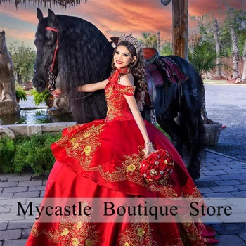 Роскошные Бальные платья с вышивкой из красного атласа Mexi 2023, аппликации с открытыми плечами, бальное платье Принцессы, платье на день рождения Sweet 16