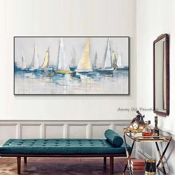 Ручная роспись Беложелтая Парусная лодка Картина маслом HD на холсте Используется для домашнего декора гостиной Настенное искусство