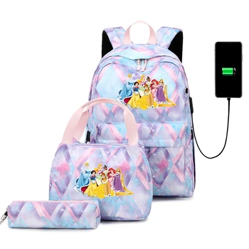Рюкзак принцессы Диснея Белоснежки 3шт для мальчиков и девочек, сумка для книг с USB-зарядкой, Mochila для подростков, повседневные рюкзаки для путешествий