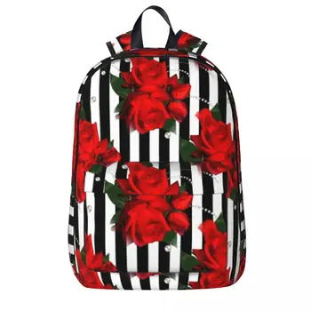 Рюкзак с красными розами в черно-белую полоску, Сумка для книг, сумка через плечо, рюкзак для ноутбука, Модный рюкзак для путешествий, детская школьная сумка