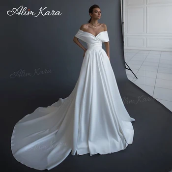 Свадебное платье Alim Kara Sleevele 2023 С открытыми плечами, Атласное Свадебное платье А-силуэта Со шлейфом Princes NR151 Plus Size Vestido De Novia