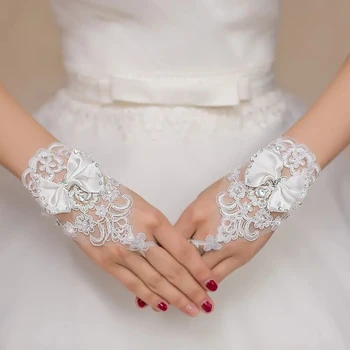 Свадебные Перчатки с открытым пальцем, этикет, Белые Короткие перчатки с бантиком, бриллиантовое кружево, Красивые Аксессуары для свадебного платья без пальцев