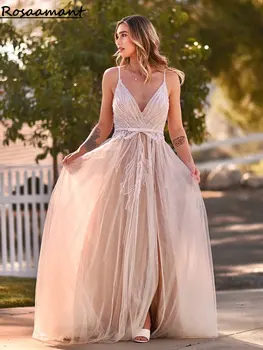 Свадебные платья с V-образным вырезом и открытой спиной, расшитые блестками и бисером, свадебные платья на тонких бретельках с высоким разрезом.