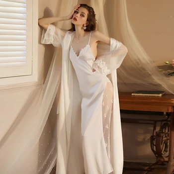 Сексуальная ночная рубашка, женское длинное платье-кимоно, французское кружево, шелковый атласный халат, ночная рубашка, пижамы, винтажное домашнее платье, халат