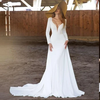 Сексуальное простое свадебное платье с глубоким V-образным вырезом и длинным рукавом, свадебные платья в стиле кантри с открытой спиной, свадебное платье Robe De Mariee