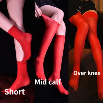 Сексуальные женские высокие чулки с масляным блеском ярких цветов, винтажные глянцевые чулки, сексуальные эластичные чулки в обтяжку, носки до икр