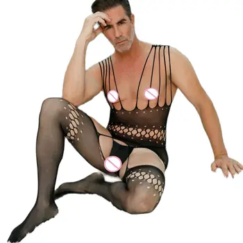 Сексуальные мужчины Кружевная сетка Выдалбливают Перспективное Эротическое белье Слинг без рукавов мужской чулок для тела